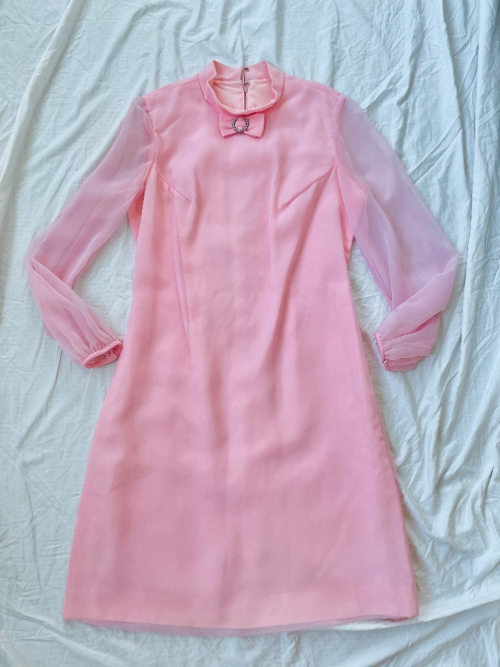 Vintage 1960s Ballet Pink Chiffon Bow Dress L - Picture 3 of 14